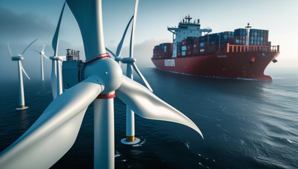 Offshore-wind-turbines-spinning-in-the-Baltic-Sea-with-a-modern-container-ship-passing-by-misty-morning-light-cool-tones-wide-angle-photorealistic-detail