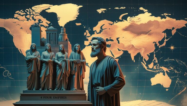 Prophet-Daniel-before-a-statue-of-the-four-empires-with-modern-world-map-in-the-background