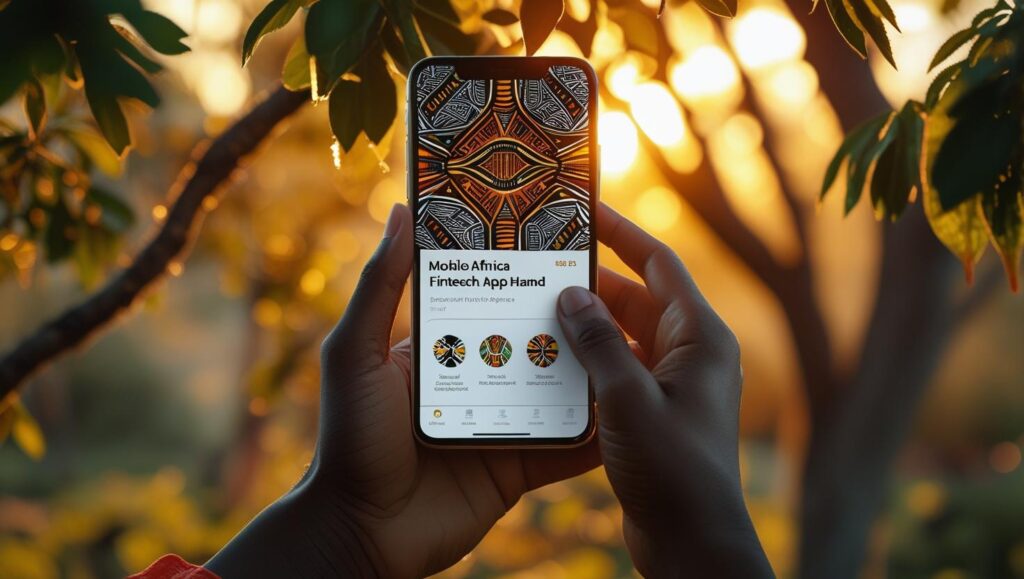 A-close-up-of-a-hand-holding-a-smartphone-displaying-a-mobile-fintech-app-with-African-tribal-patterns-overlay-sunset-light-filtering-through-trees-hyper-detailed-cinematic
