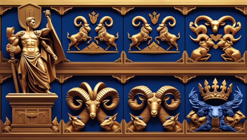 A-gallery-panel-of-four-icons_-the-metal-statue-four-beasts-ram-vs.-goat-and-two-opposing-crowns