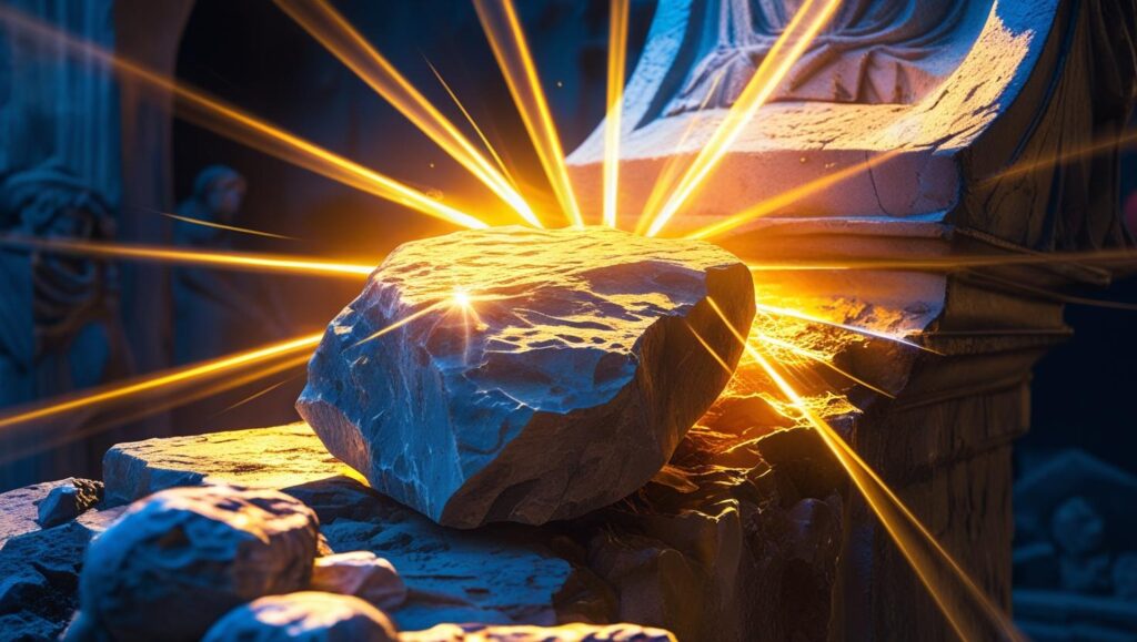 A-luminous-stone-cut-without-hands-striking-an-ancient-statue-with-rays-of-light-symbolizing-Gods-eternal-kingdom