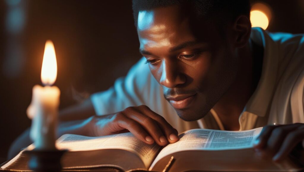A-quiet-moment-of-someone-concentrating-and-studying-before-an-open-Bible-and-by-the-side-a-candlelight-with-the-candlelight-illuminating-the-bible-with-a-faint-overlay-of-Daniels-vision