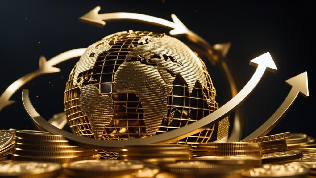 A-stylized-globe-made-of-stacked-gold-coins-with-upward-pointing-arrows-arching-around-it-dark-background-dramatic-spotlight-high-contrast-ultra-detailed