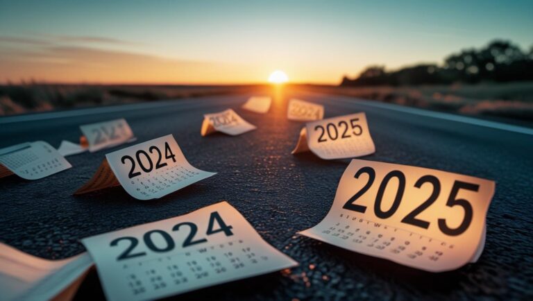 A sun-rising horizon over a winding road or path, with subtle calendar pages for “2024” falling away and “2025” glowing ahead.