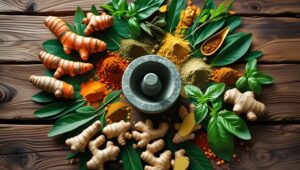 A vibrant, top-down shot of a rustic wooden table strewn with a circular arrangement of colorful plants and spices—bright orange turmeric roots, deep-green moringa leaves, pale-yellow-ashwagandha
