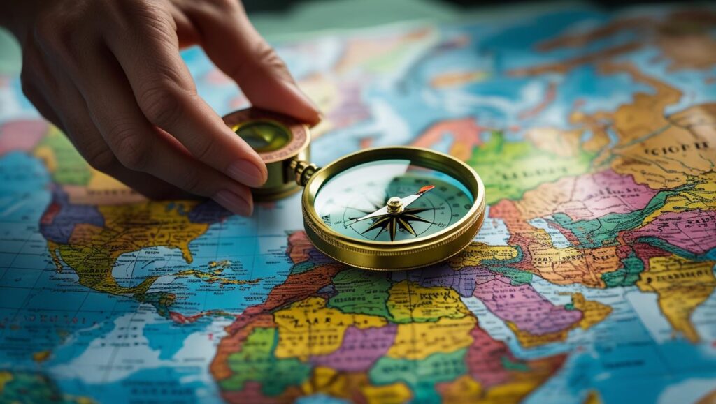 Abstract-compass-or-magnifying-glass-held-by-a-hand-over-the-map-of-the-world