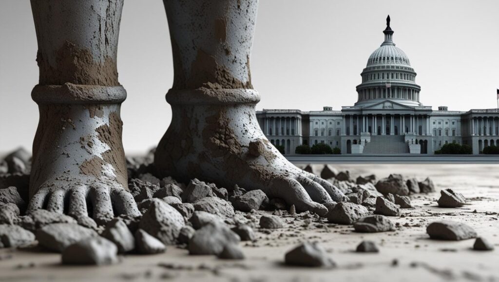 Close-up-of-iron-legs-crumbling-into-clay-overlaying-a-U.S.-Capitol-silhouette