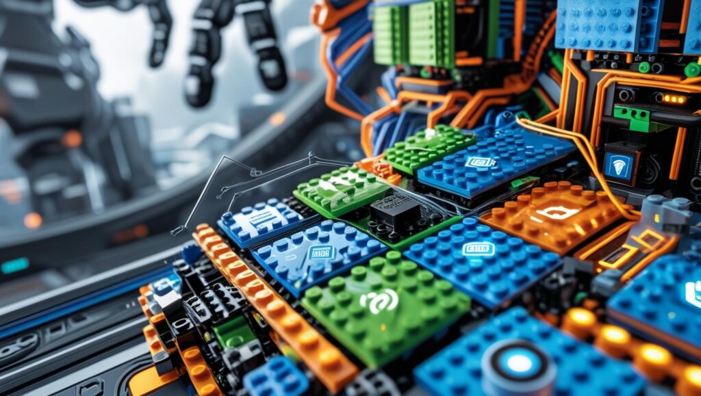 A-bright-dynamic-photo-or-illustration-showing-metallic-stackable-electronic-modules-connecting-like-legobuilding-bricks-—-glowing-circuit-lines-flowing-between-them-with-a-futuristic-citys