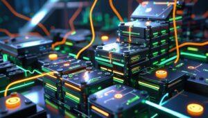A-bright-dynamic-photo-or-illustration-showing-metallic-stackable-electronic-modules-connecting-like-legobuilding-bricks-—-glowing-circuit-lines-flowing-between-them-with-a-futuristic-citys