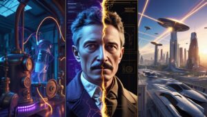 Create-a-dramatic-split-screen-image-showing-Nikola-Tesla-in-his-historical-laboratory-on-the-left-with-electrical-arcs-and-vintage-equipment-transitioning-to-a-futuristic-cityscape