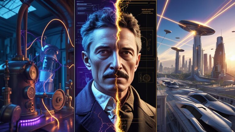 Create-a-dramatic-split-screen-image-showing-Nikola-Tesla-in-his-historical-laboratory-on-the-left-with-electrical-arcs-and-vintage-equipment-transitioning-to-a-futuristic-cityscape
