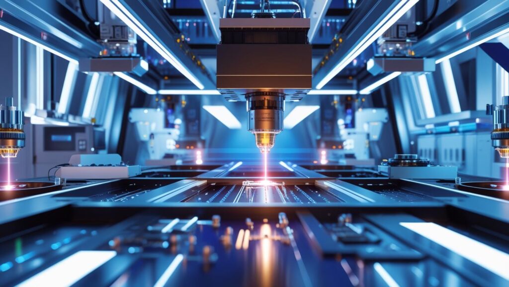 High-tech-laboratory-scene-with-focused-laser-beams-performing-precision-manufacturing-at-molecular-level.-Include-space-based-laser-satellites-in-background-and-clean-medical-facility