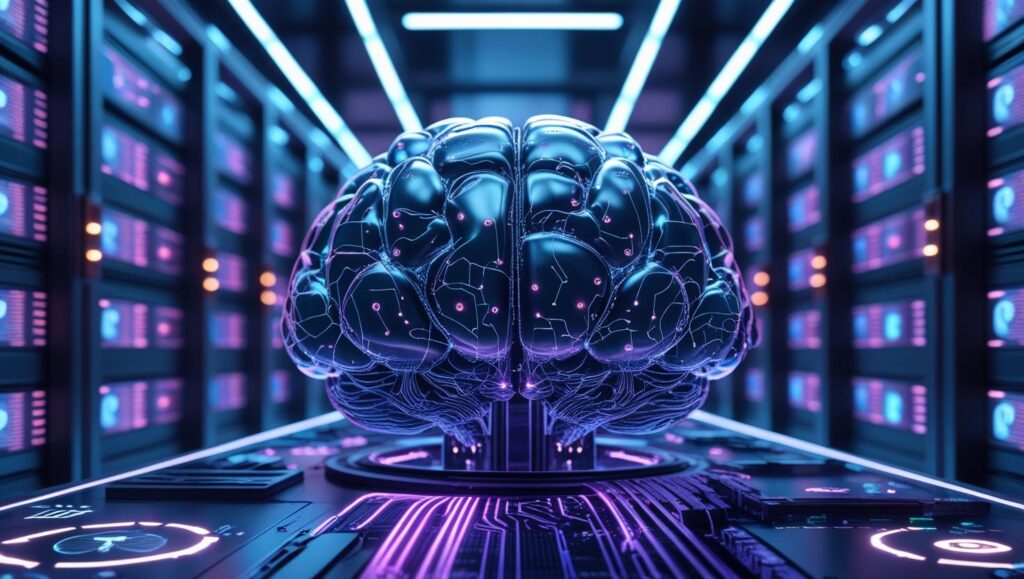 Image-Concept-The-AI-Core-A-cinematic-server-room-glowing-with-soft-neon-blue-and-violet-light-with-digital-overlays-of-medical-legal-and-creative-icons-gavel-DNA-waveform-film-reel