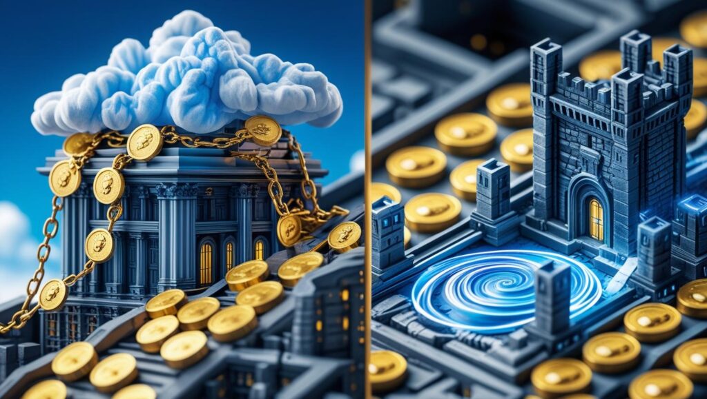 Image-Concept-Cloud-vs-Local-AI-Decision-Matrix-Split-comparison-infographic_Left_-Cloud-AI-floating-in-sky-chains-to-building-money-flowing-out_Right_-Local-AI-fortress-on-ground-data