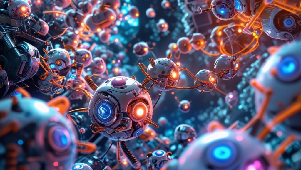 Nanobots-disassembling-e-waste-into-floating-raw-atoms-via-resonant-frequencies.-Show-precision