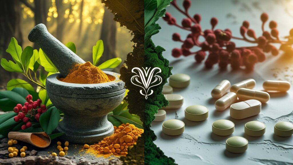 Split-screen-composition-showing-Left-side_-Ancient-stone-mortar-and-pestle-with-golden-turmeric-powder-spilling-out-surrounding