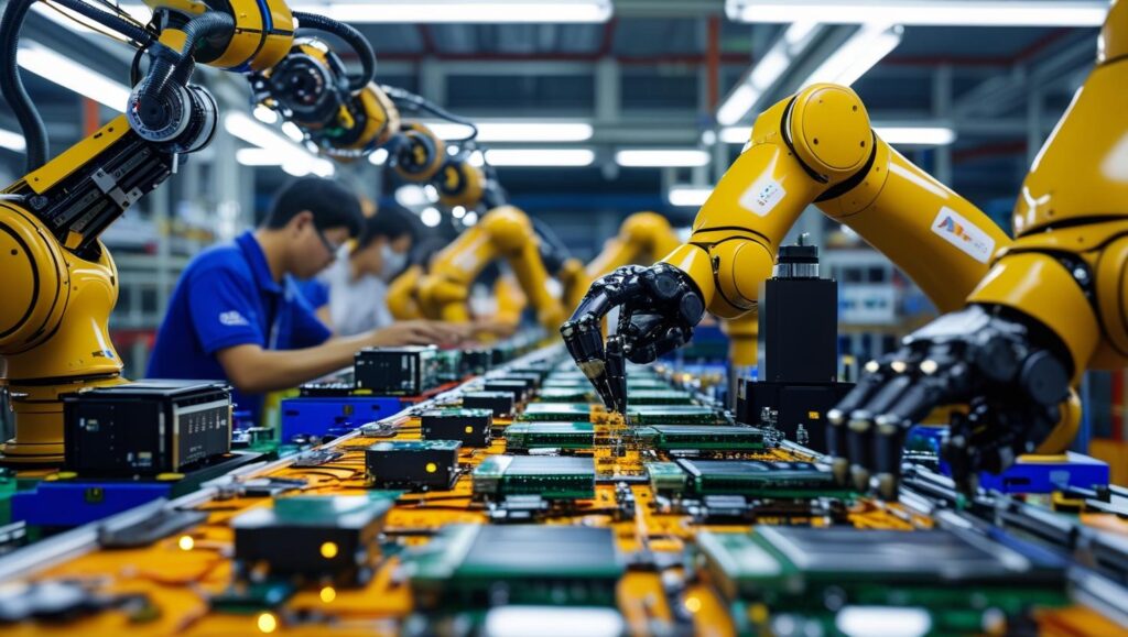 Vibrant-electronics-assembly-line-in-a-Vietnamese-high-tech-factory-robotic-arms-and-human-workers-bright-overhead-lights-dynamic-perspective-photorealistic-ultra-sharp