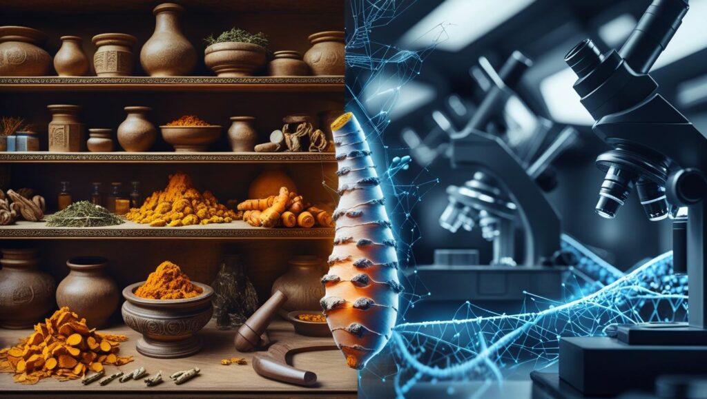 Visual-Concept-A-split-image-Left-Ancient-apothecary-shelves-with-dried-herbs-leather-bound-books-and-a-mortar-pestle-Right-Modern-lab-setting-with-plants-under-microscopes-DNA-strands