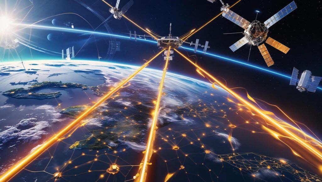 futuristic wireless energy grid connecting Earth and orbital satellites, golden beams, photorealistic, epic scale